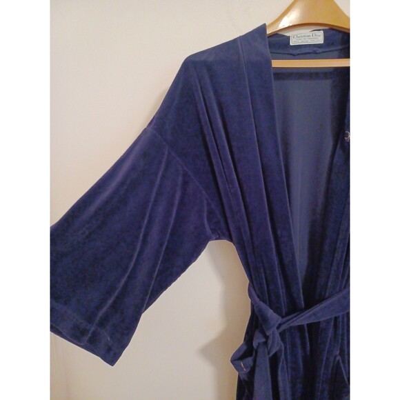 Christian Dior Vintage Robe One Size Navy Blue Velour Belted Luxe Old Money - Picture 5 of 10